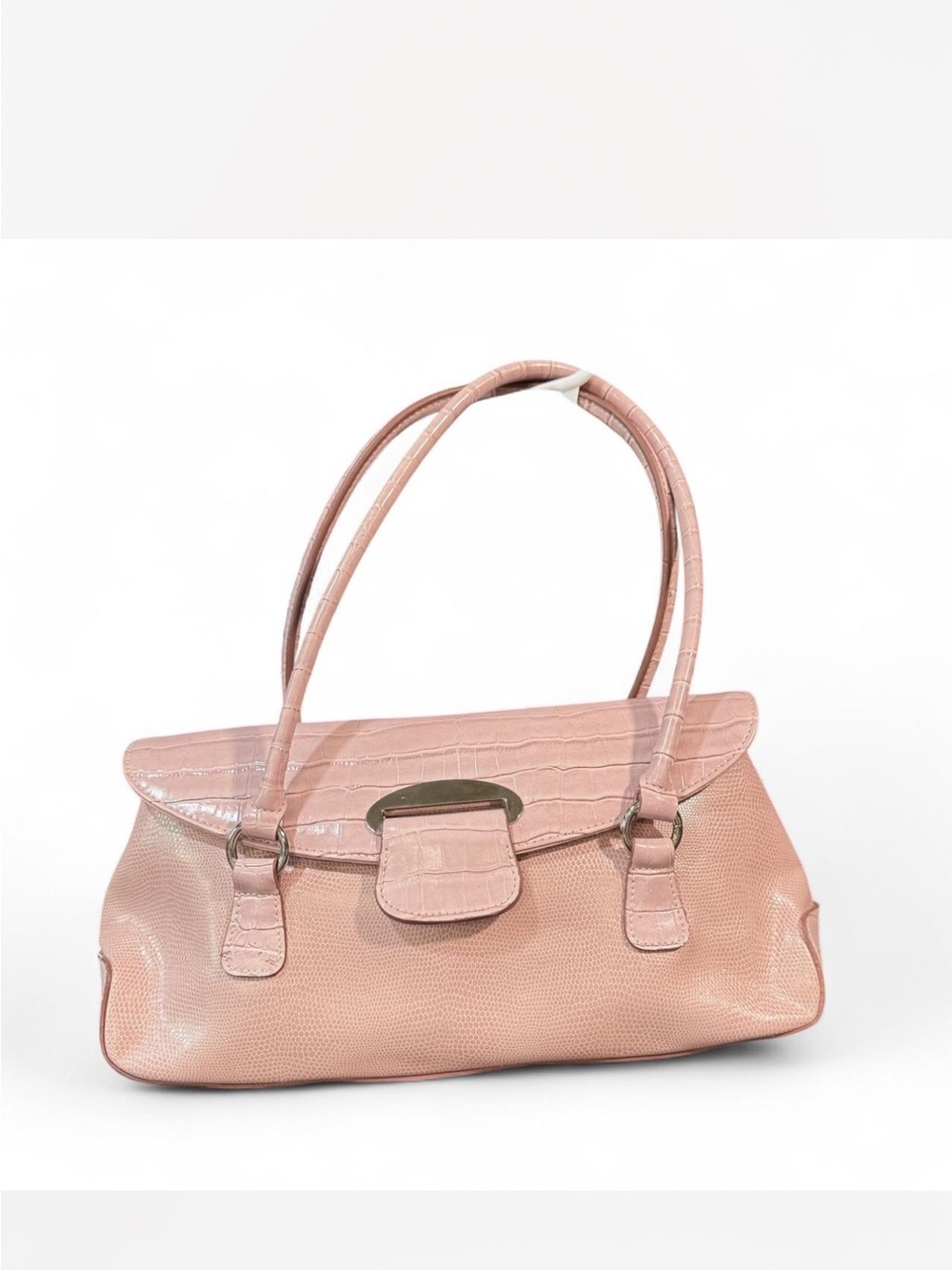 Elegant Blush Pink Structured Shoulder Bag - Croc Embossed